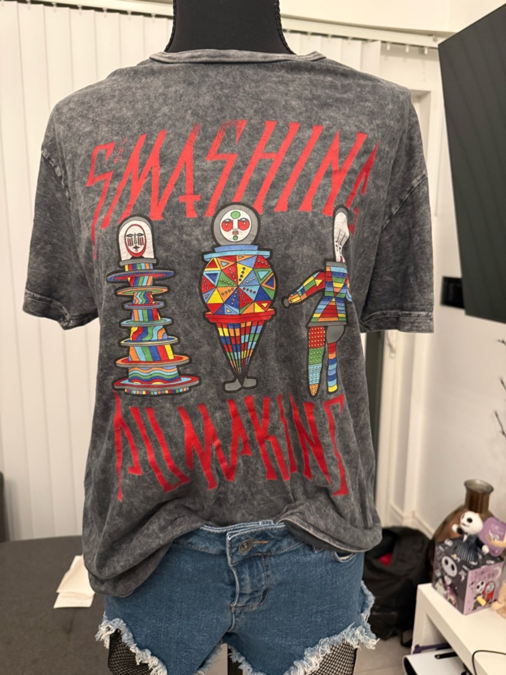 Graphic 'Smashing Pumpkins Acid Wash T-Shirt with Colorful Circus Print